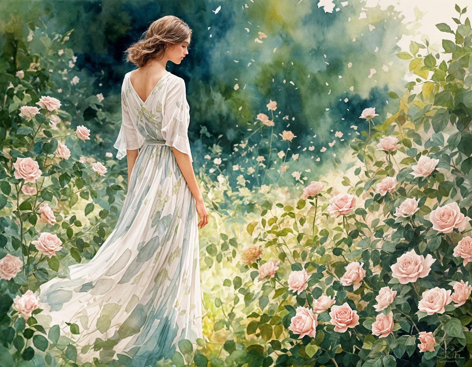 Watercolor Mosaic: Serene Rose Garden in Bloom