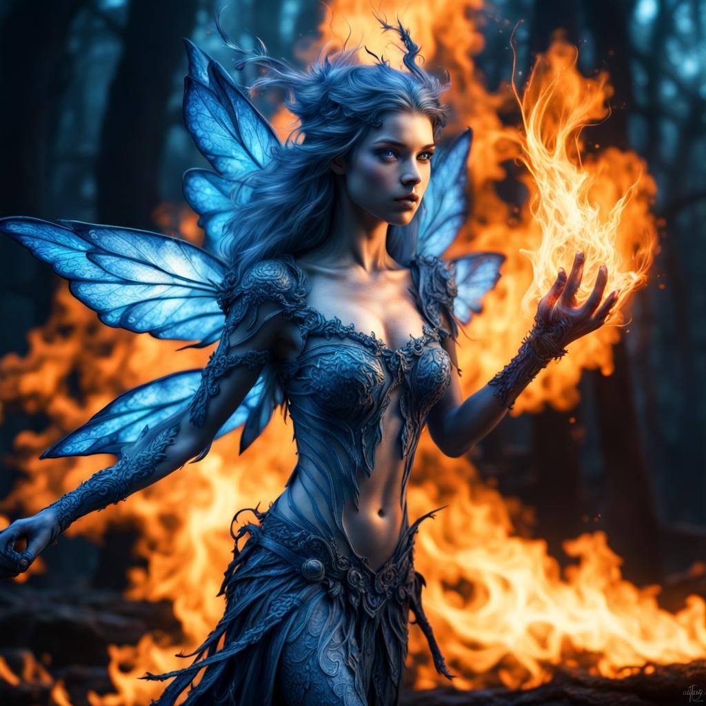 Blue Fire Elemental Fairy in Hyperrealistic Style