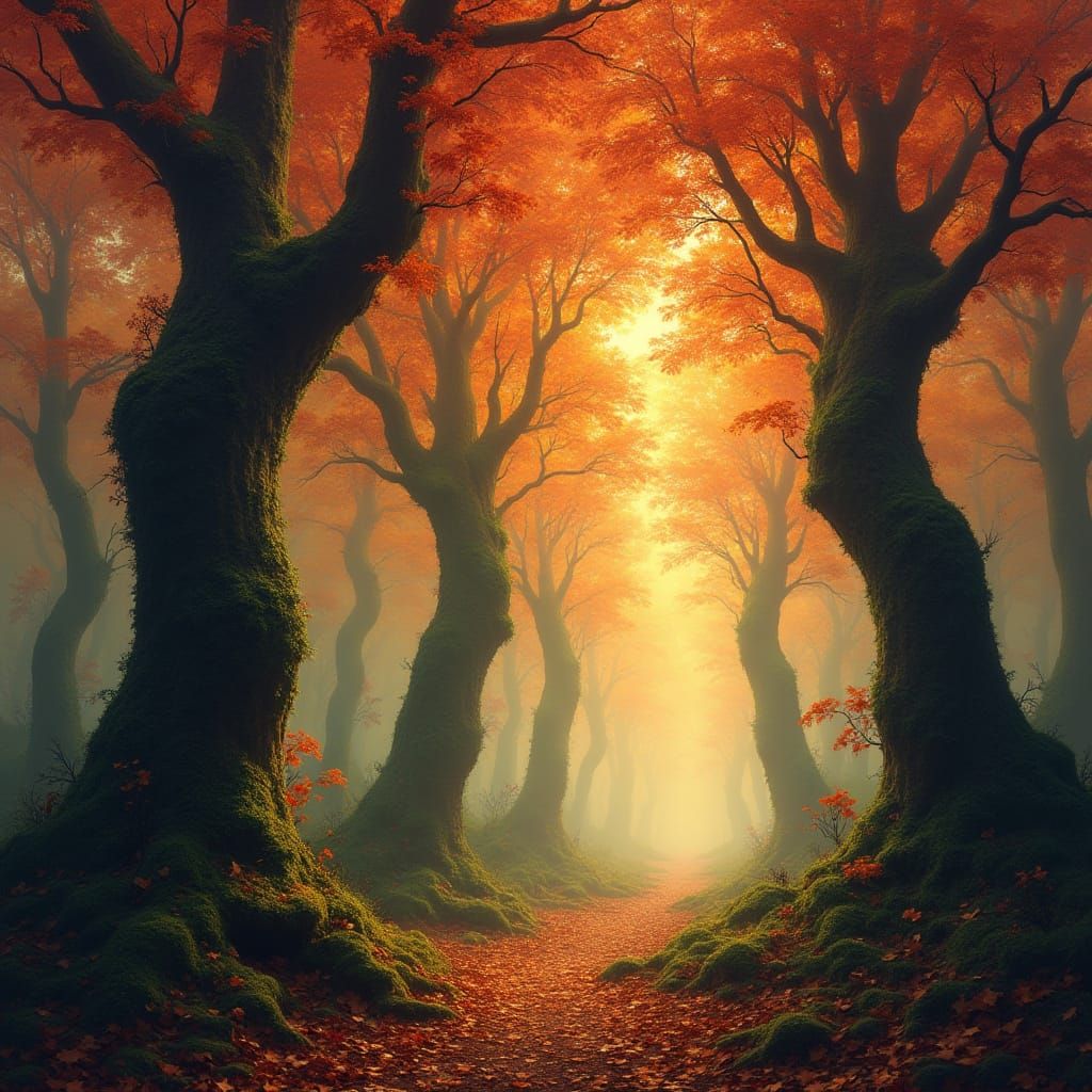 Surreal Autumn Dreamscape in Mystic Fantasy Forest