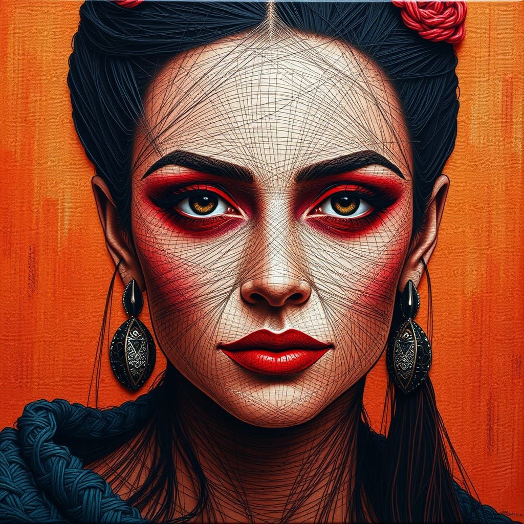 Woman's Face in Intricate Thread Weaving with Crimson Eyesha...