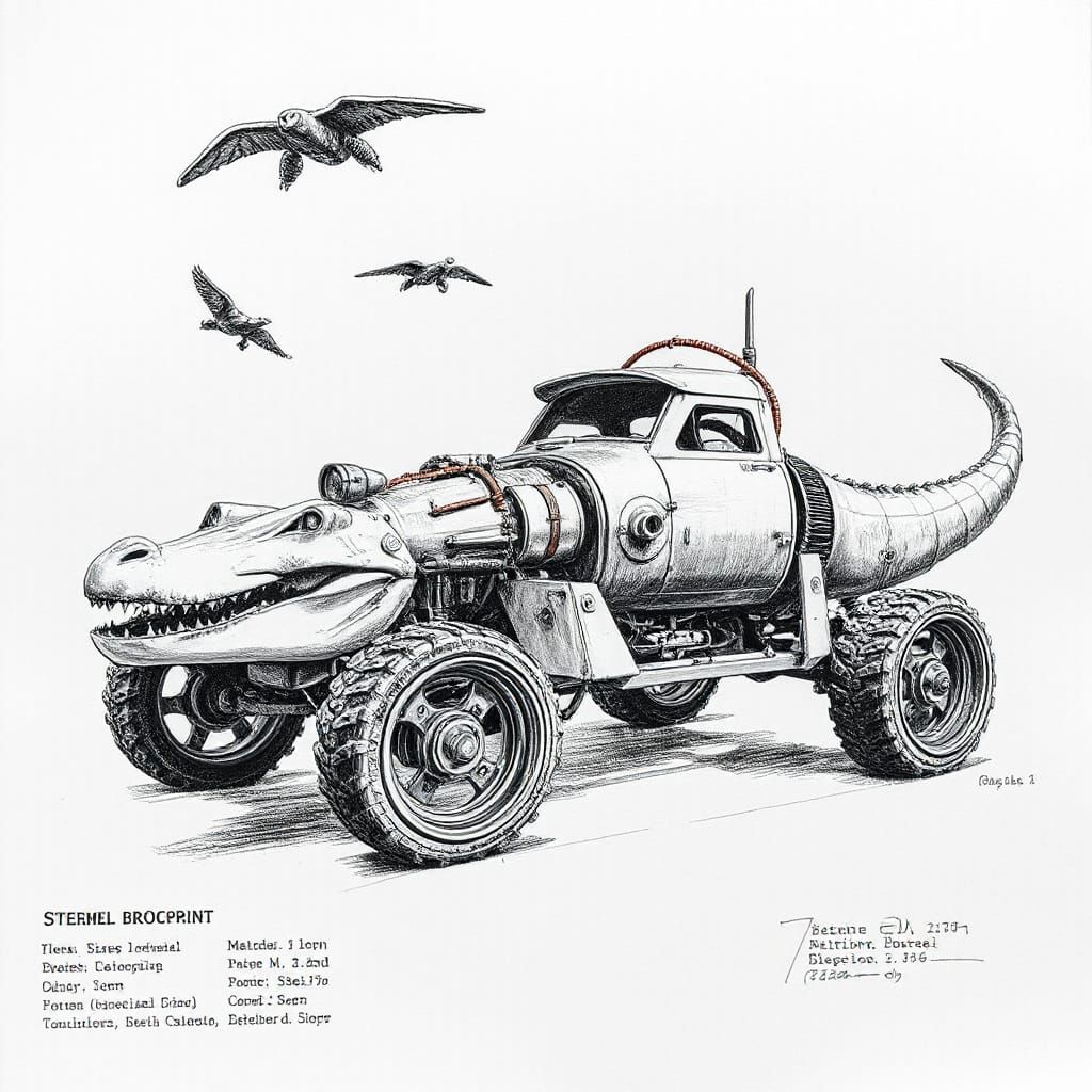 Steam-Powered Crocodile Blueprint in Charcoal Style