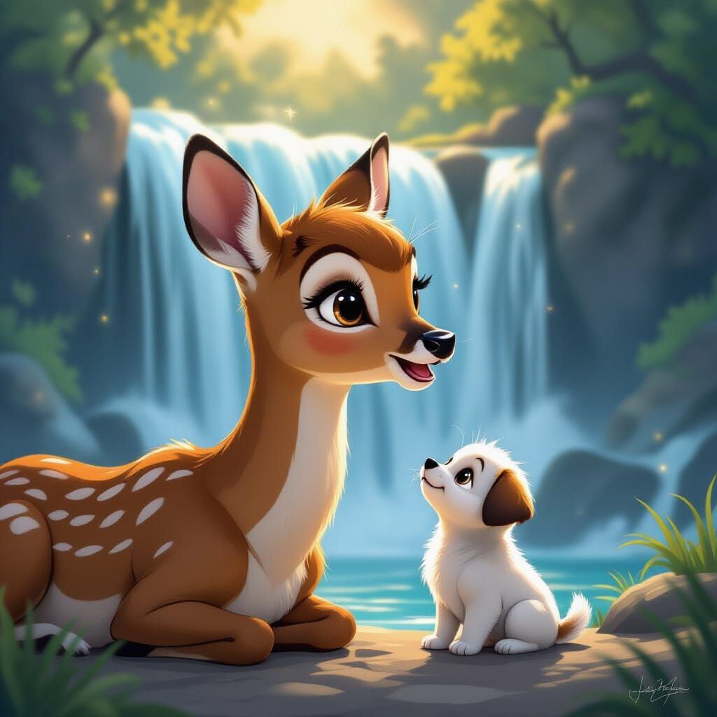 Deer and Puppy by Waterfall in Dreamy Landscape
