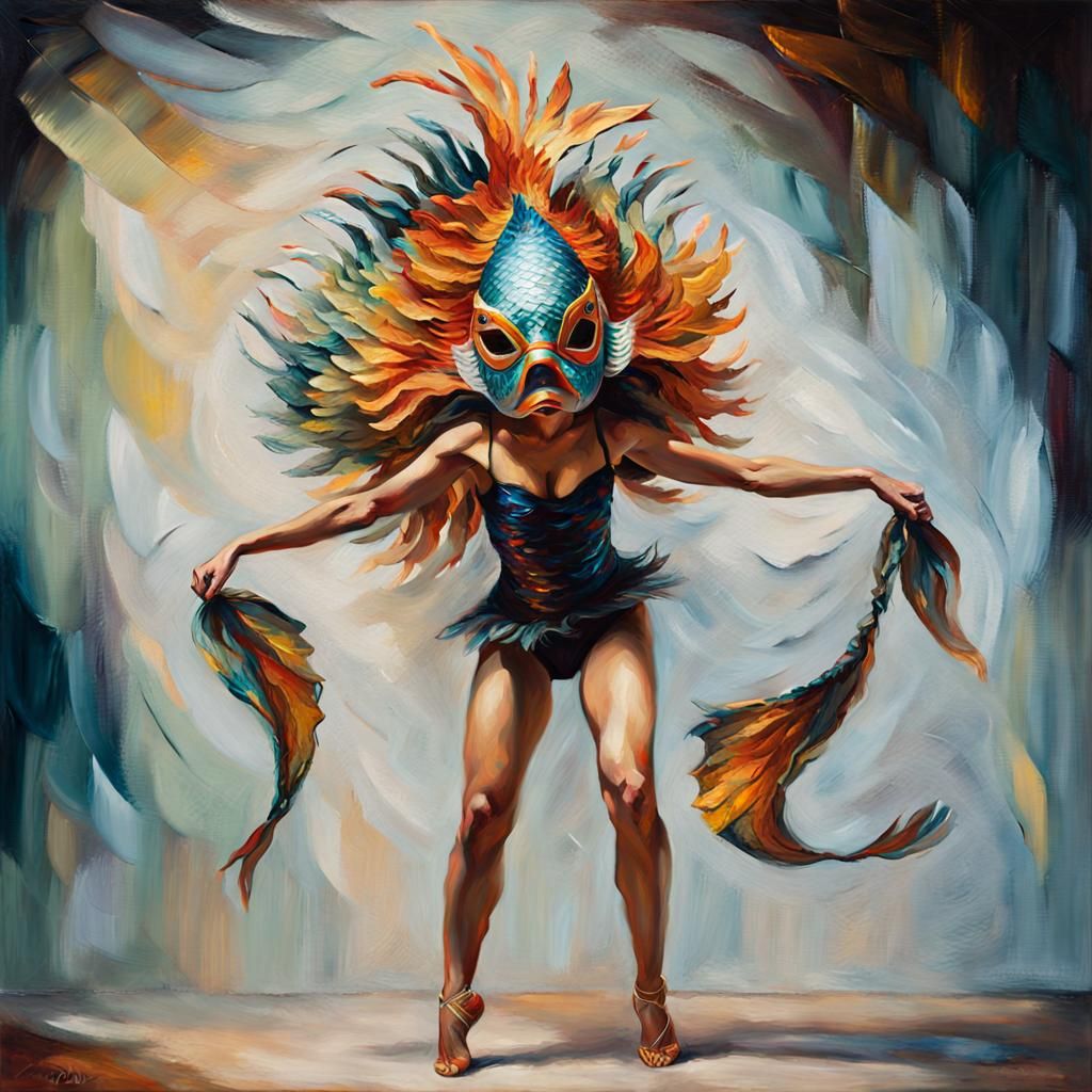 Fish Mask Dancer in Expressive Oil Painting