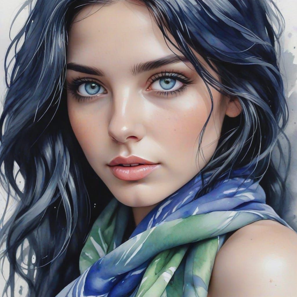 Captivating Woman with Tie-Dye Scarf in Watercolor