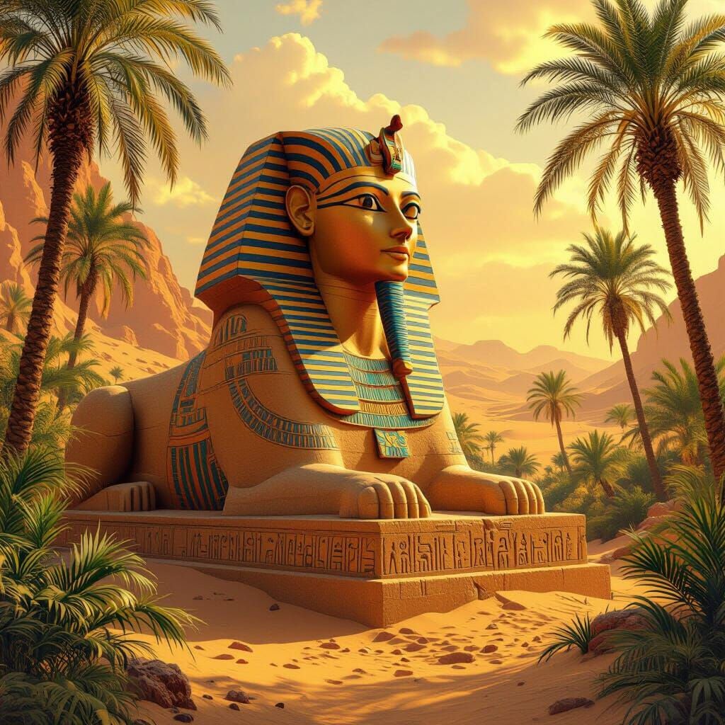 Golden Sphinx Overlooking Desert Oasis