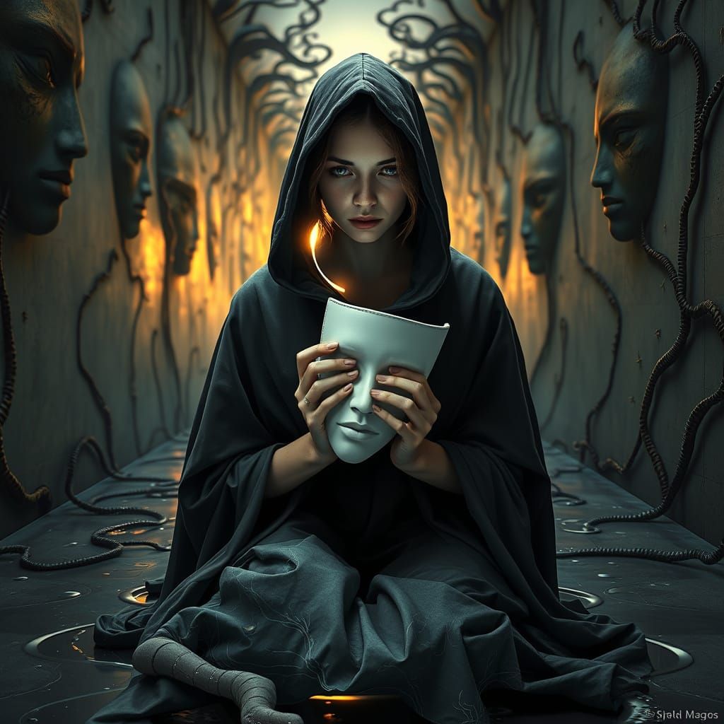 Mysterious Woman in Dark Gray Cape Contemplates Labyrinthine...