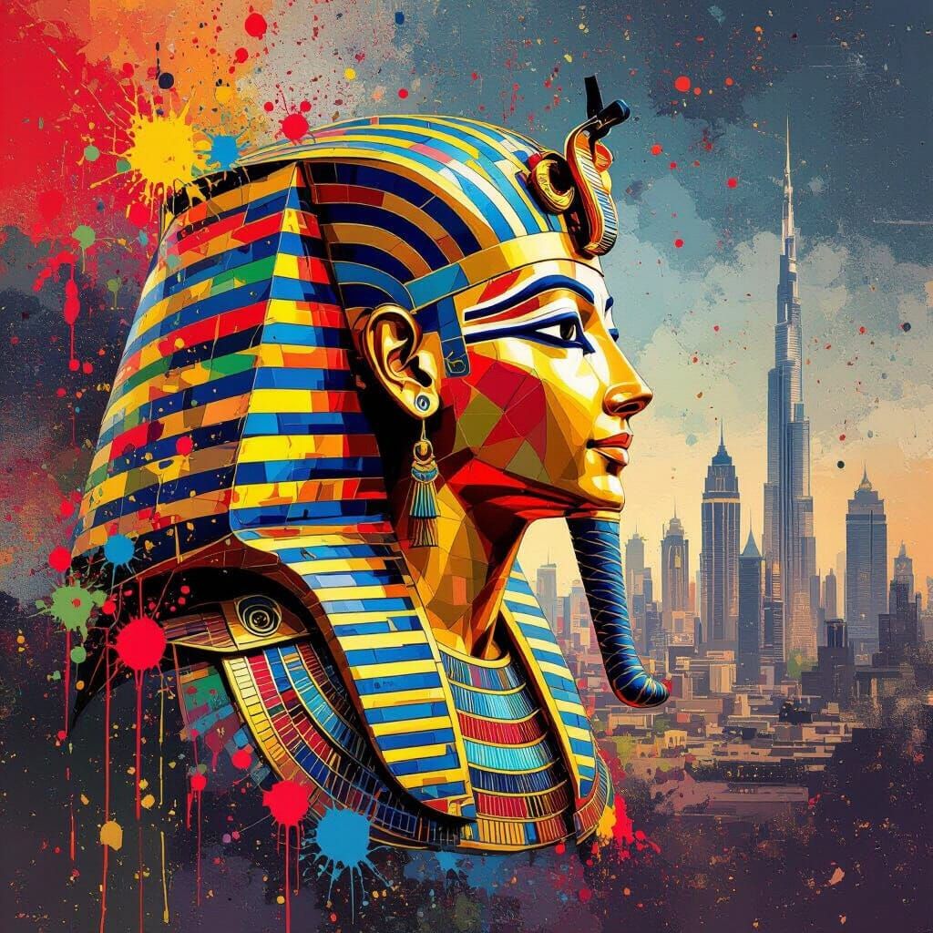Abstract Pharaoh Portrait with Mosaic Face and Cityscape