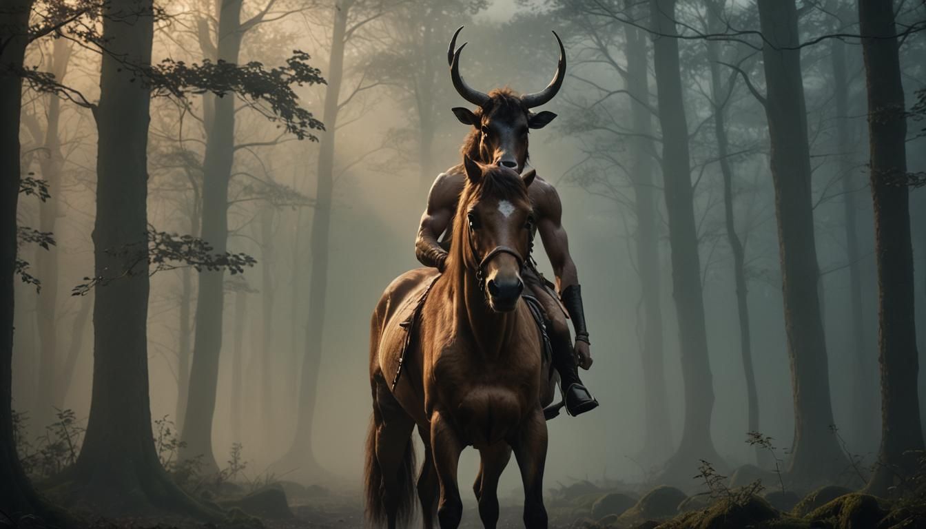 Hyperrealistic Centaur Portrait in Misty Forest