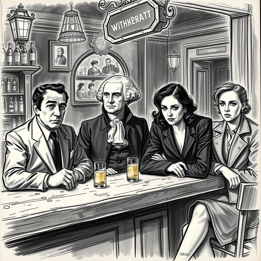 Humphrey Bogart, George Washington and Michelle Trachtenberg sitting in a bar drawn with penci sketch