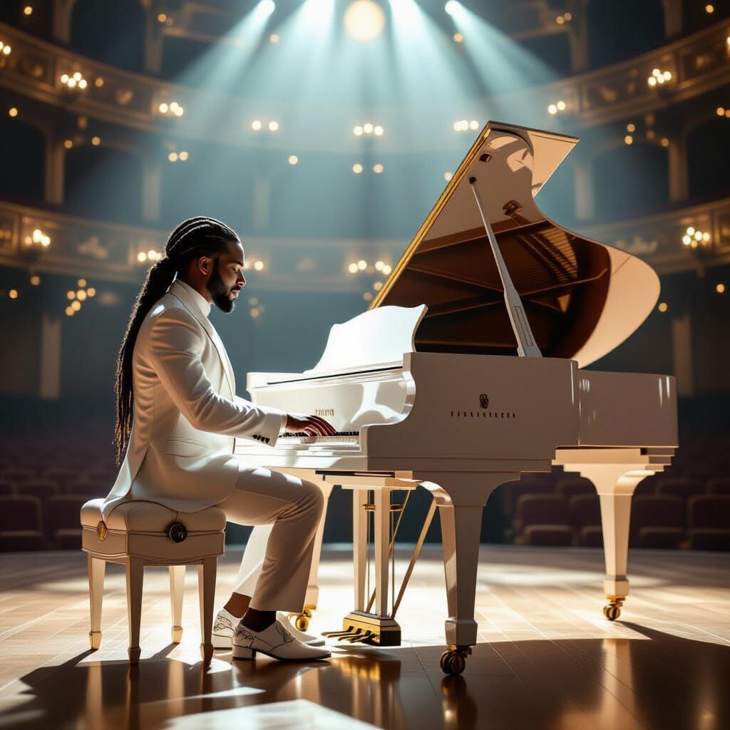 Pianist in White Suite Plays Grand Piano in Opera House