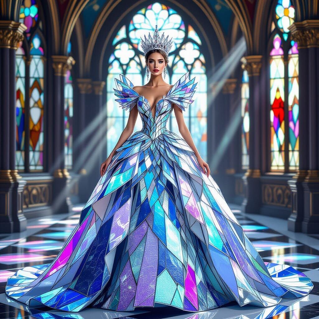 Queen in Shimmering Glass Gown in Grand Ballroom