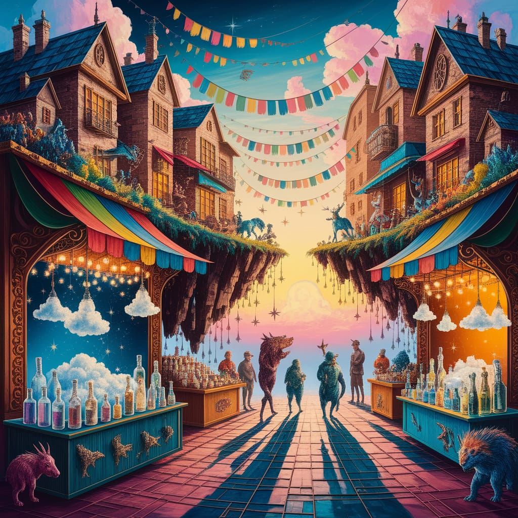 Vibrant Floating Marketplace Scene in Whimsical Oil Painting...
