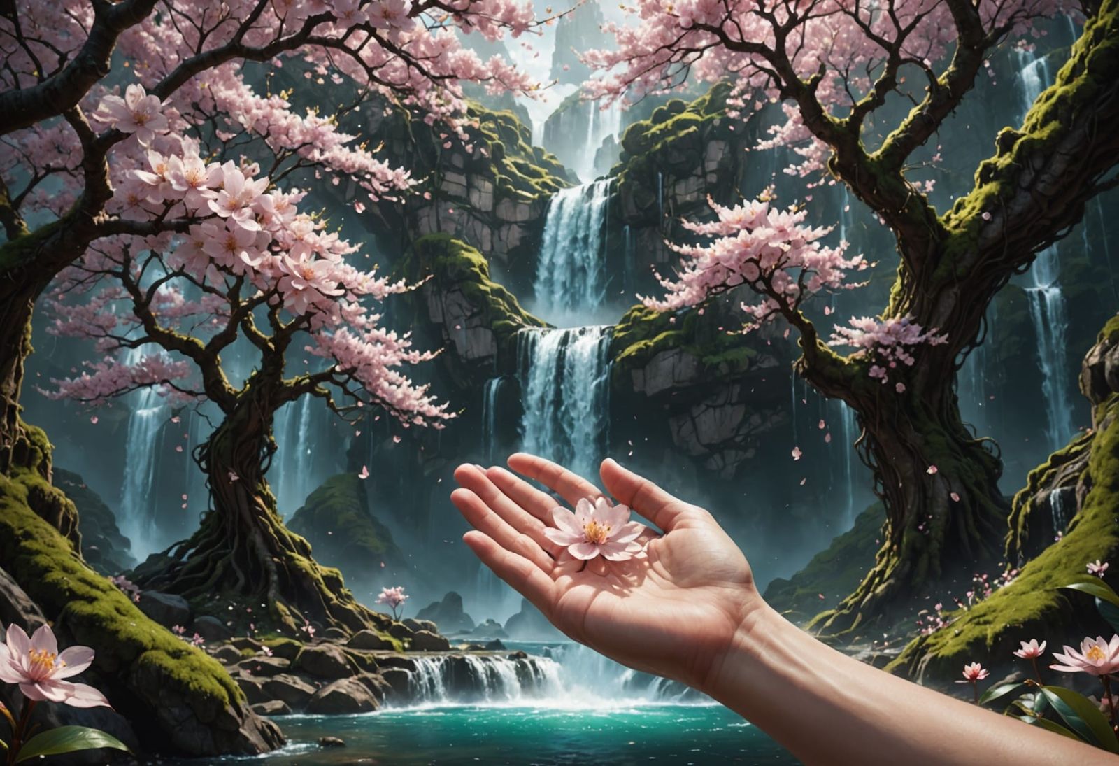 Cherry Blossom Tree and Waterfall in Enchanted Forest