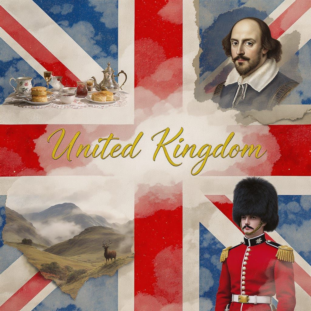 United Kingdom Collage with Tea and Highlands