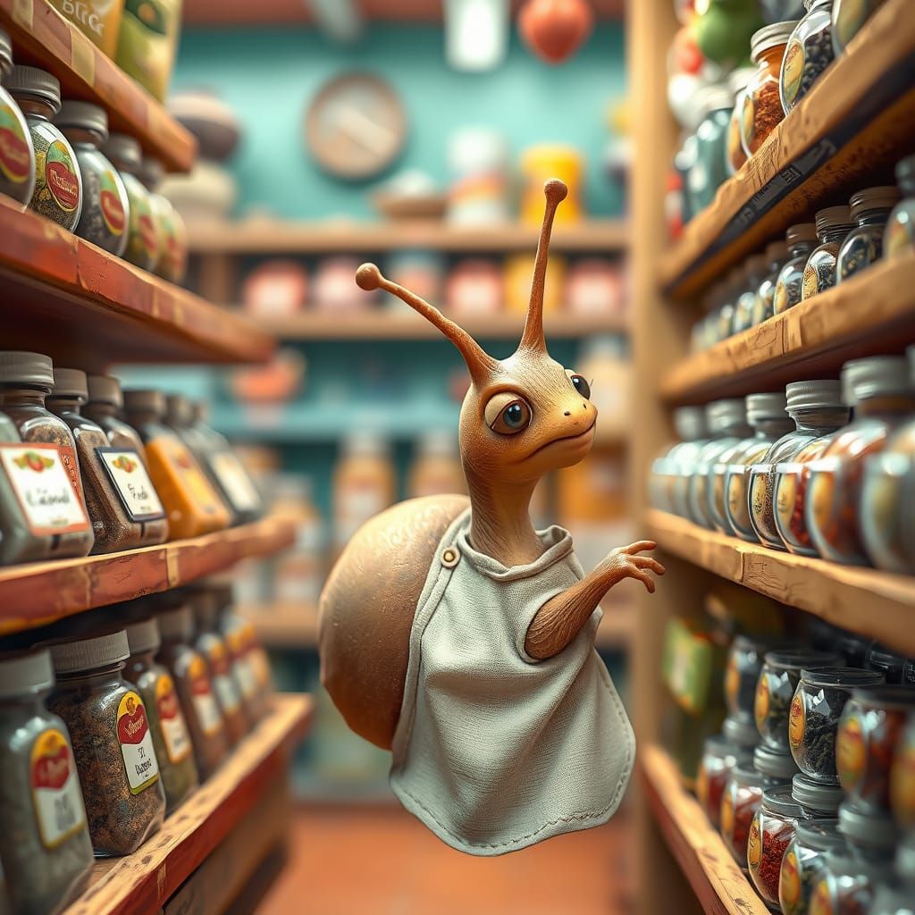 Curious Snail Chef in a Whimsical Grocery