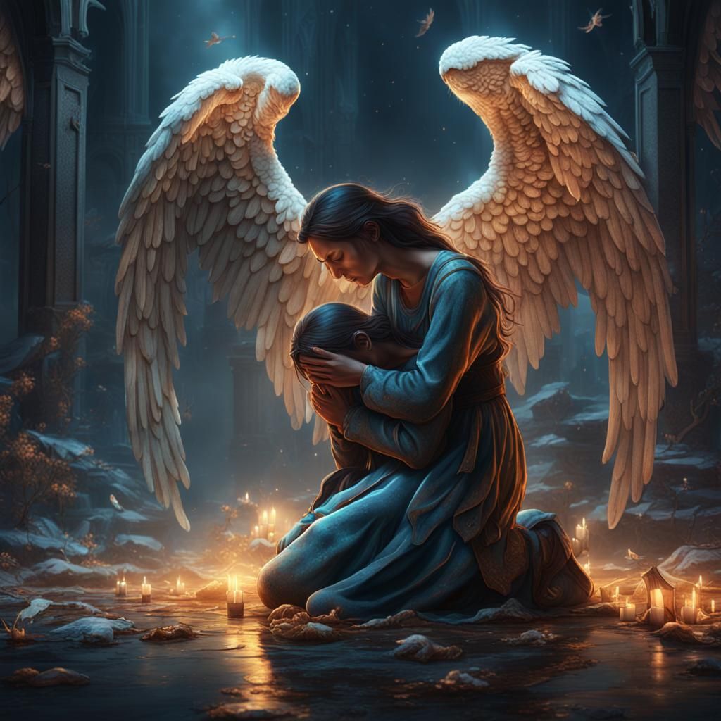 Angel Comforting Grieving Woman: Fantasy Art