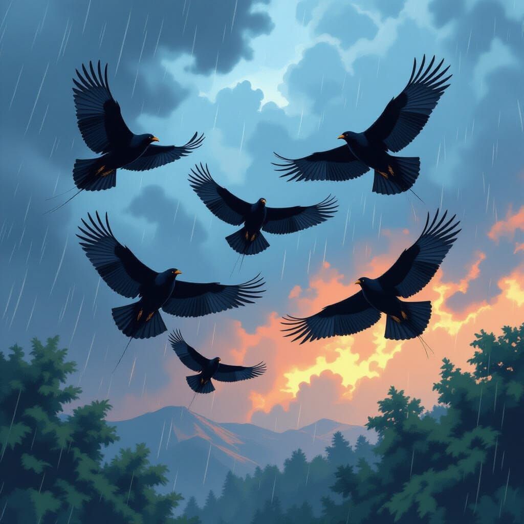 Ravens Soaring Through a Summer Thunderstorm