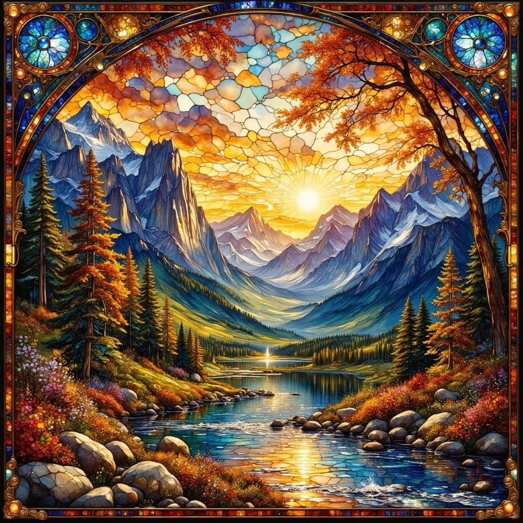 Art Nouveau Stained Glass Valley Sunset
