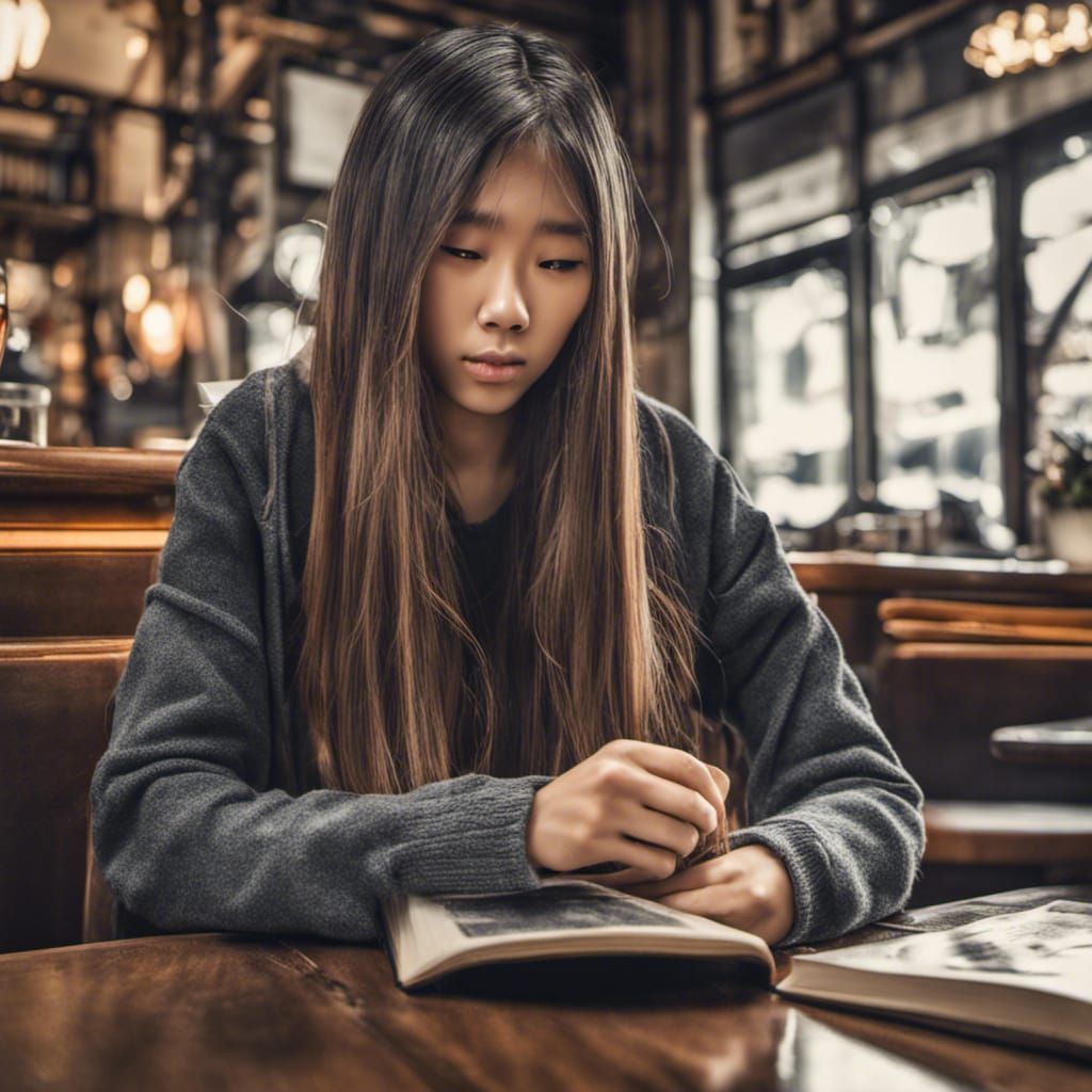 Japanese Girl Reading in Coffee Shop: Hyperrealistic