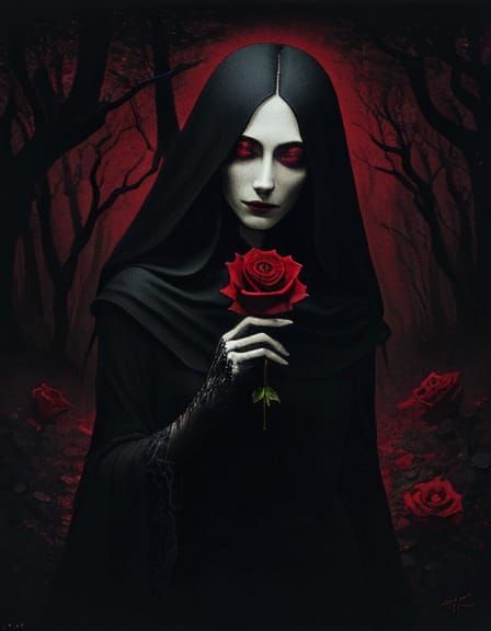 Ethereal Figure in Eldritch Forest with Red Rose