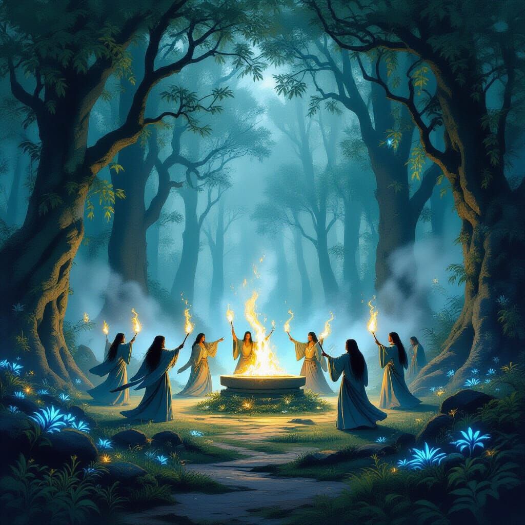 Mystical Forest Ritual in Ethereal Glow