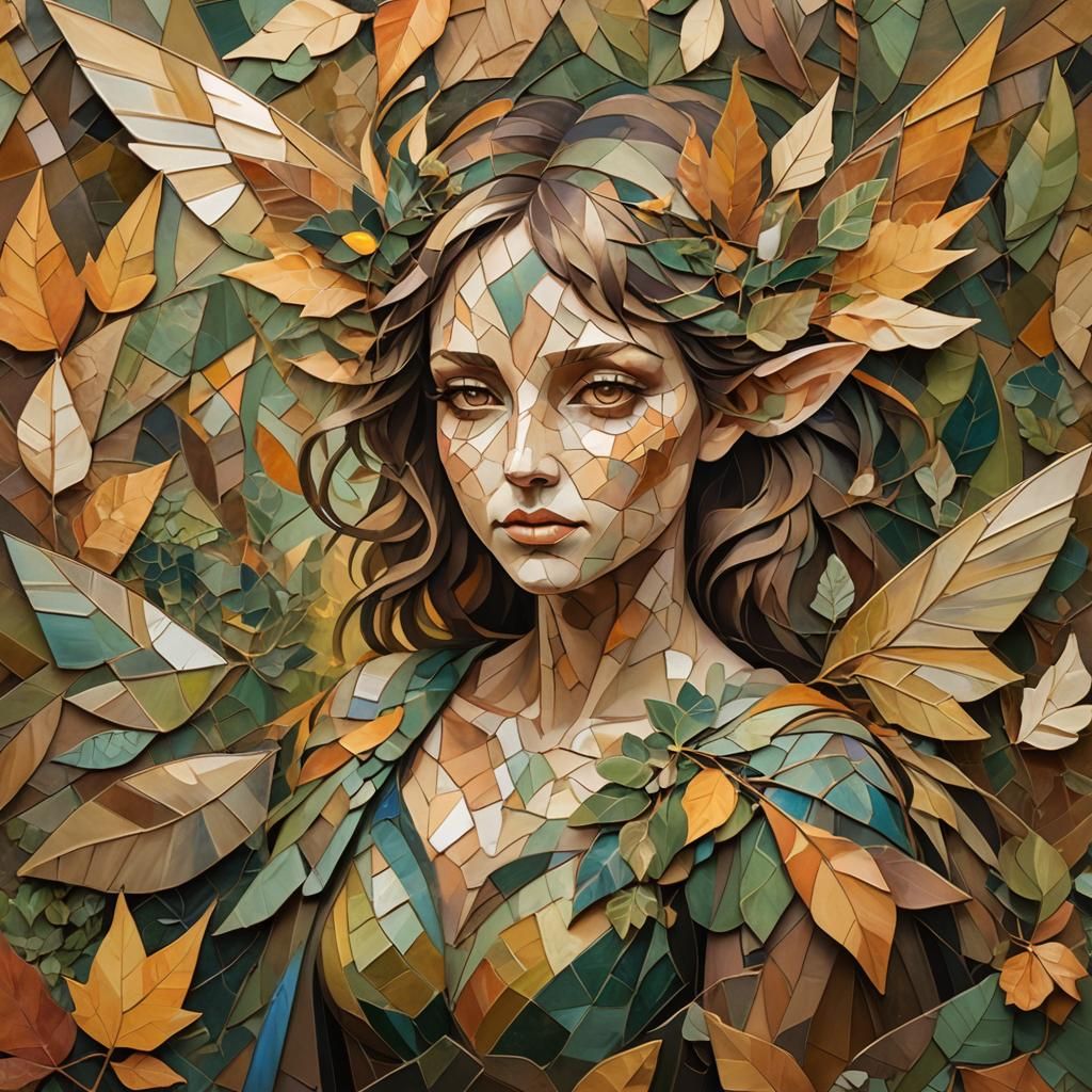 Geometric Autumn Fae in Abstract Cubism Style