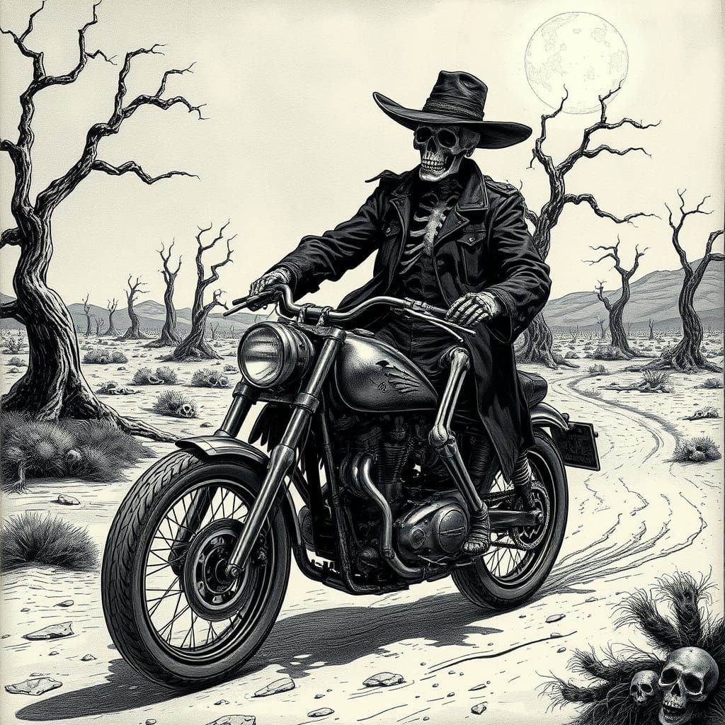 Haunted Cowboy Skeleton Rides a Dark Motorbike Through a Des...