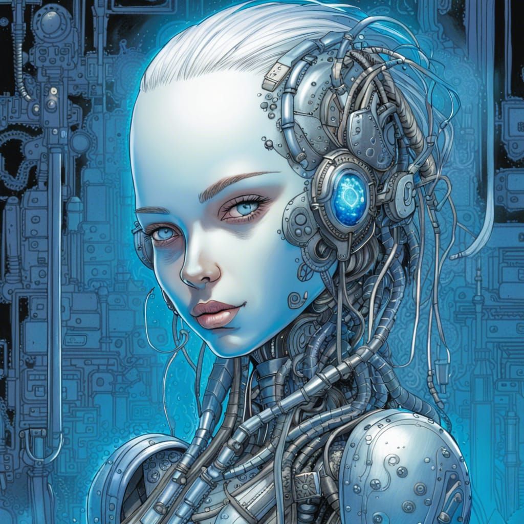 Cyberpunk Robot Portrait with Silver Hair