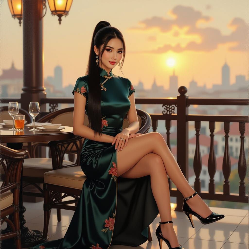 Vietnamese Girl in Silk Cheongsam, Golden Hour Light