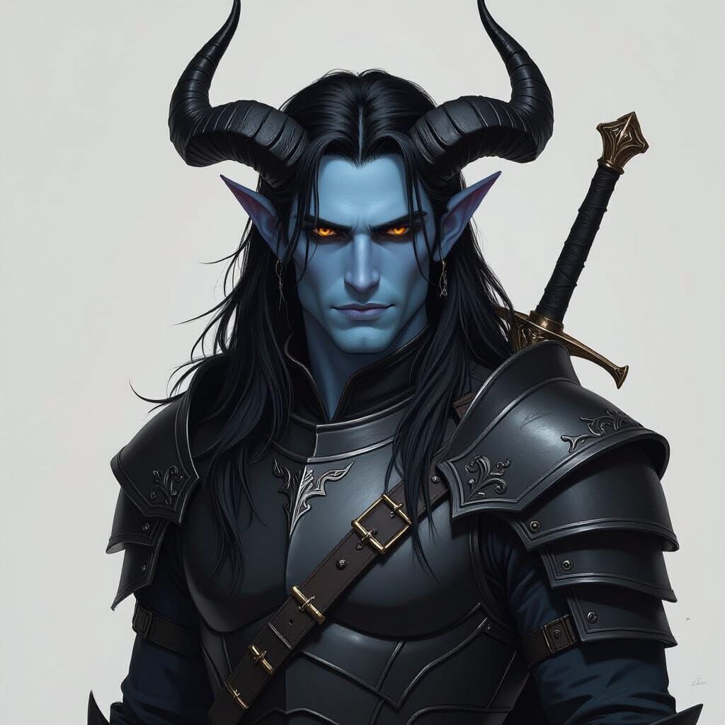 Noble Blue Tiefling Warrior with Longsword in Fantasy Art St...