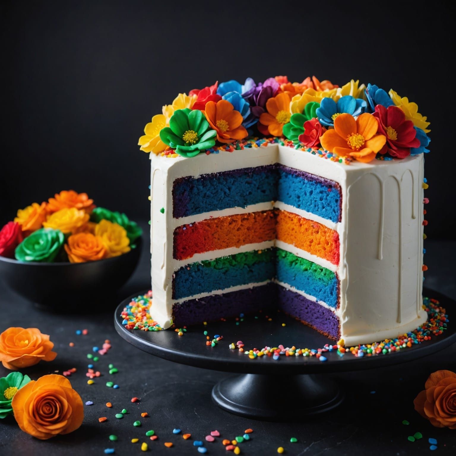 food photography of a rainbow cake on a dark background. The...