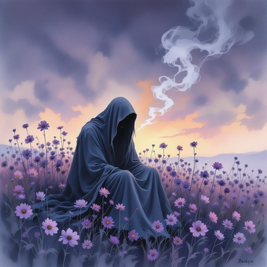 Melancholic Figure in Wilting Garden Under Twilight Sky