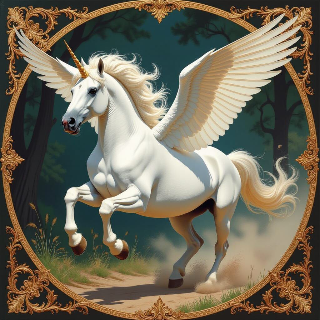 Winged Horse Charging in a Pre-Raphaelite Style