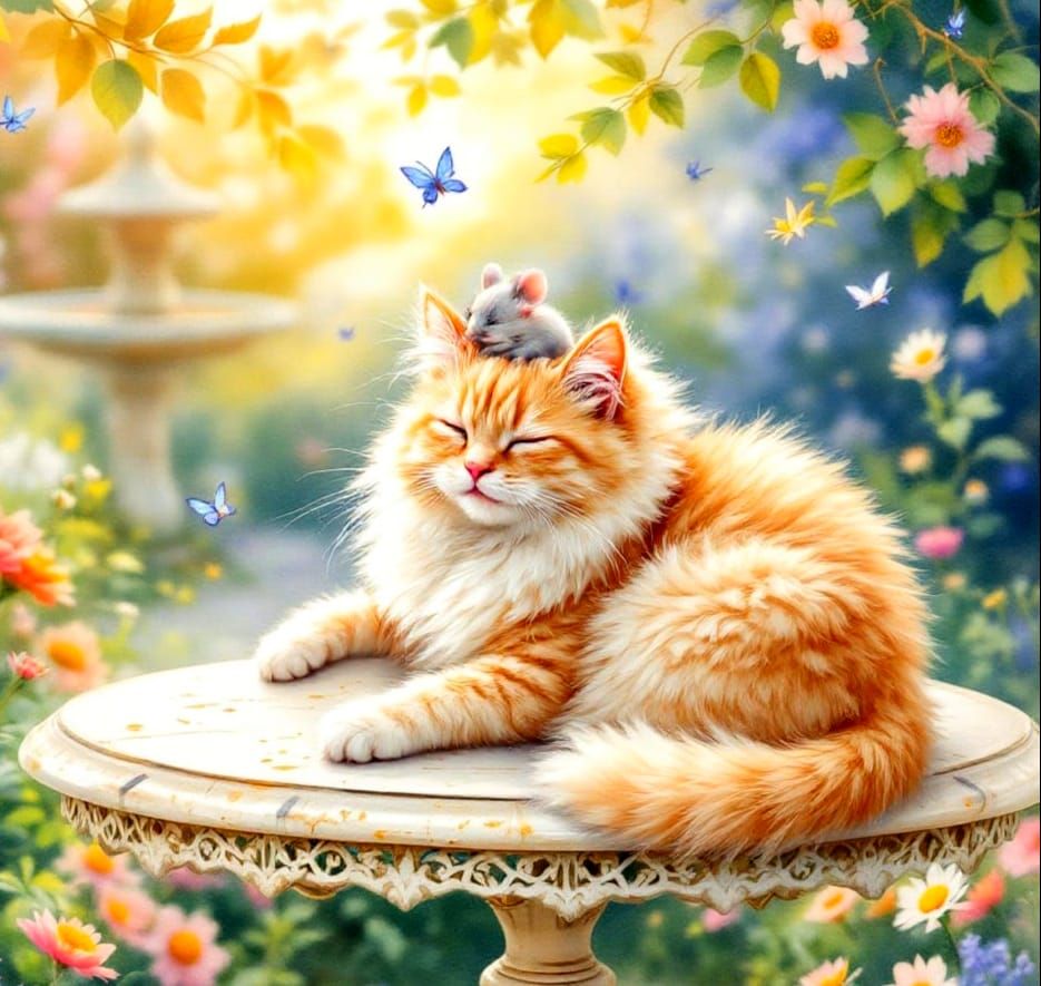 Delicate Watercolour Painting of Cat and Mouse