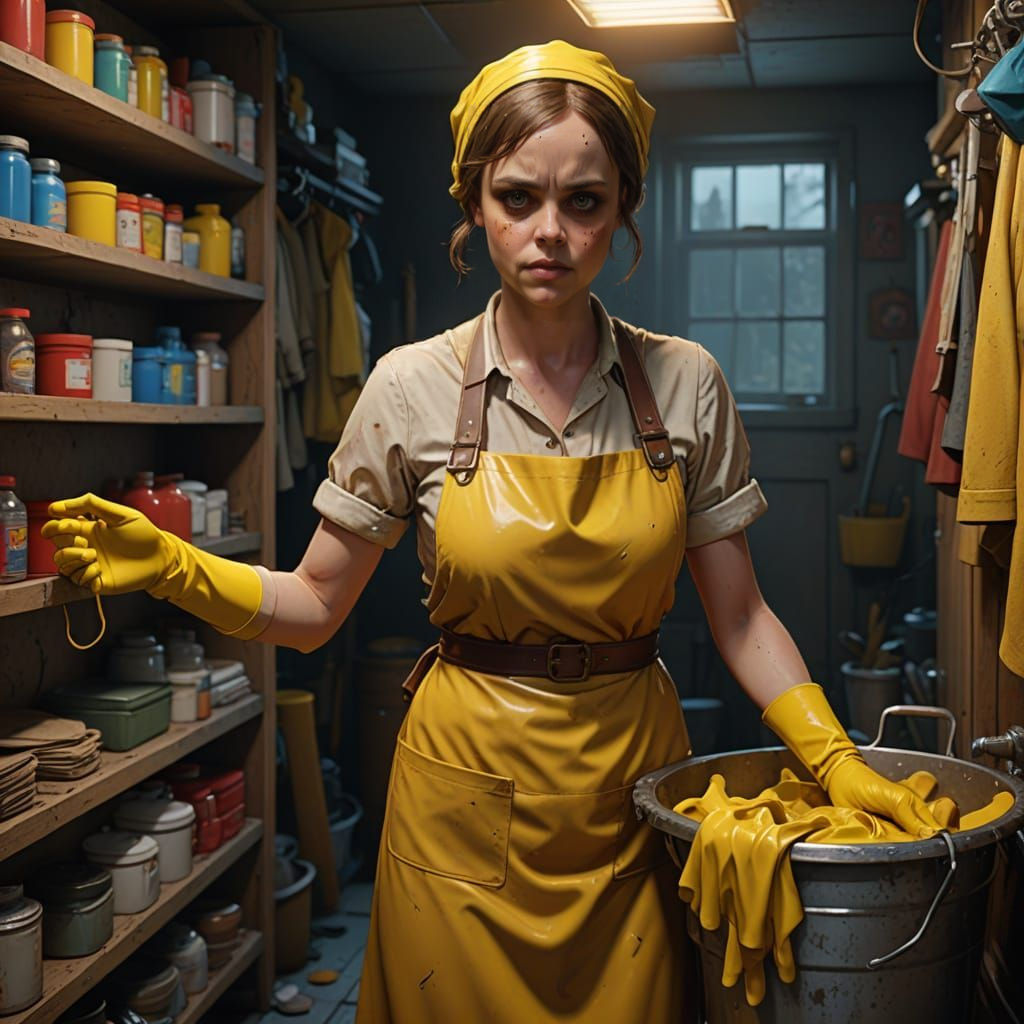 Ethereal Cleaning Charwoman in a State of Tired Resignation