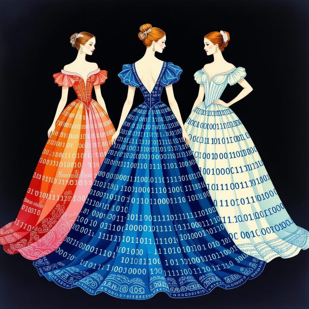 Elegant Dresses Form Binary Code in Gouache Painting