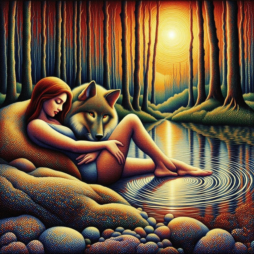 Woman and Wolf Sleeping by River in Dreamy Forest