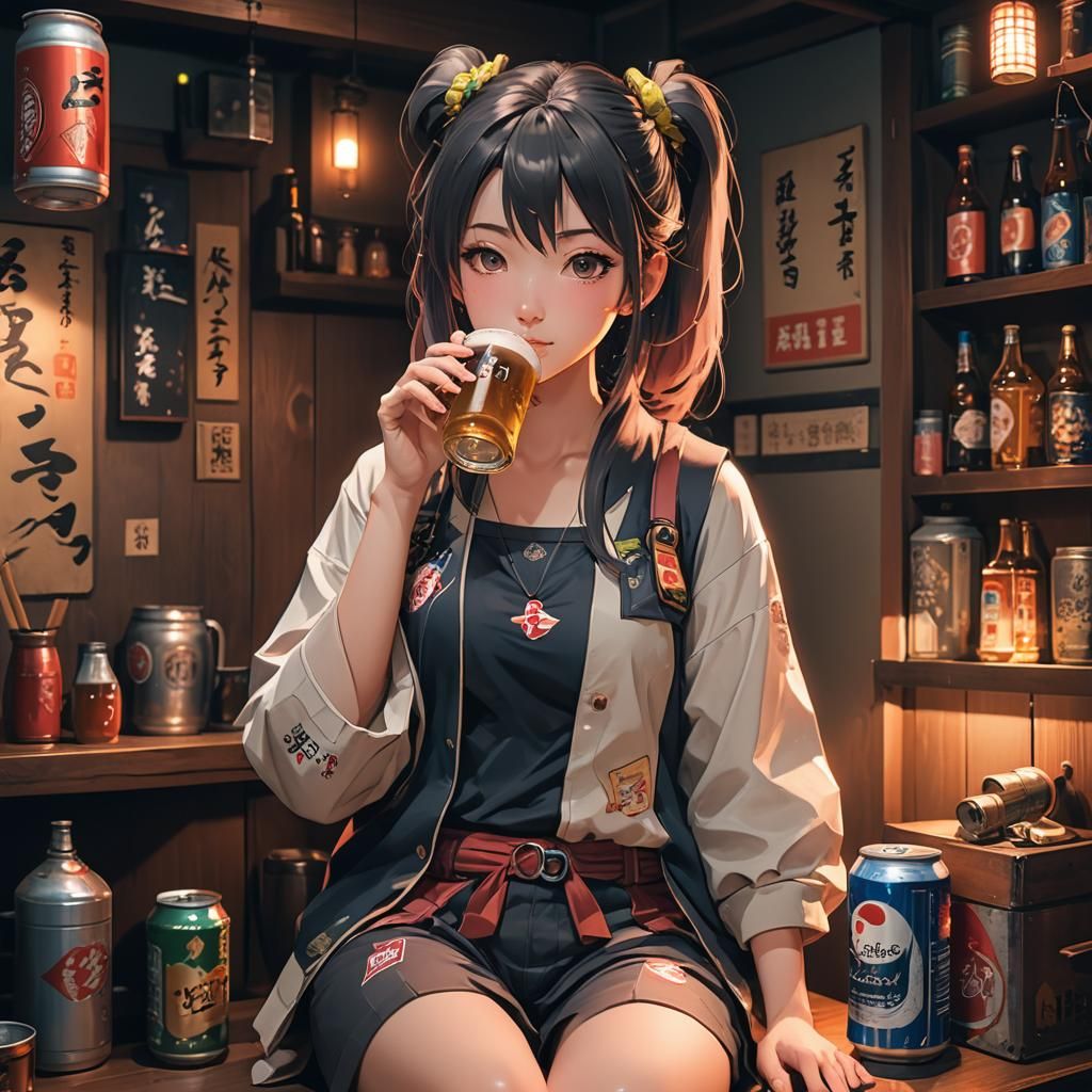Anime Girl Drinking Beer in Cozy Japanese Room