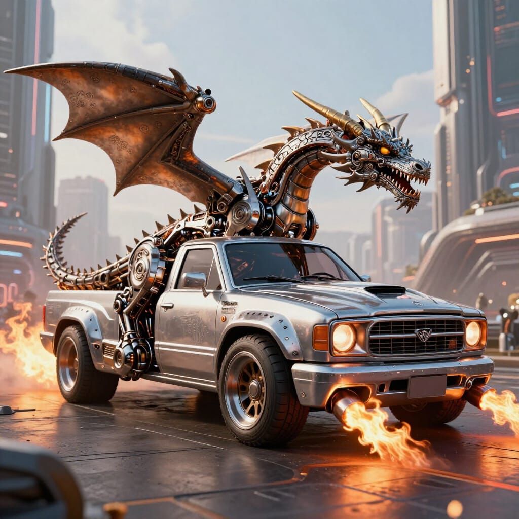 Sci-Fi Dragon Truck in Futuristic Cityscape