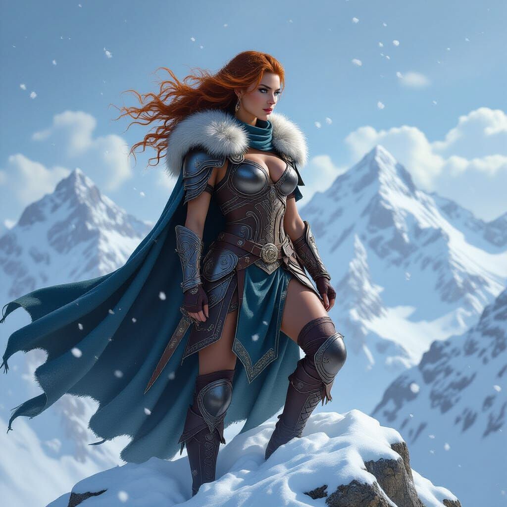 Warrior Woman on Snowy Peak, Hyperrealistic Painting