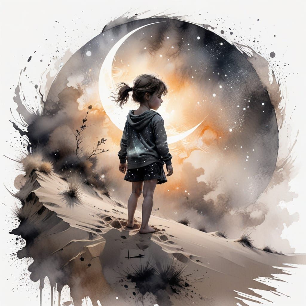 Child Silhouetted Under a Giant Moon in Dreamy Watercolour S...