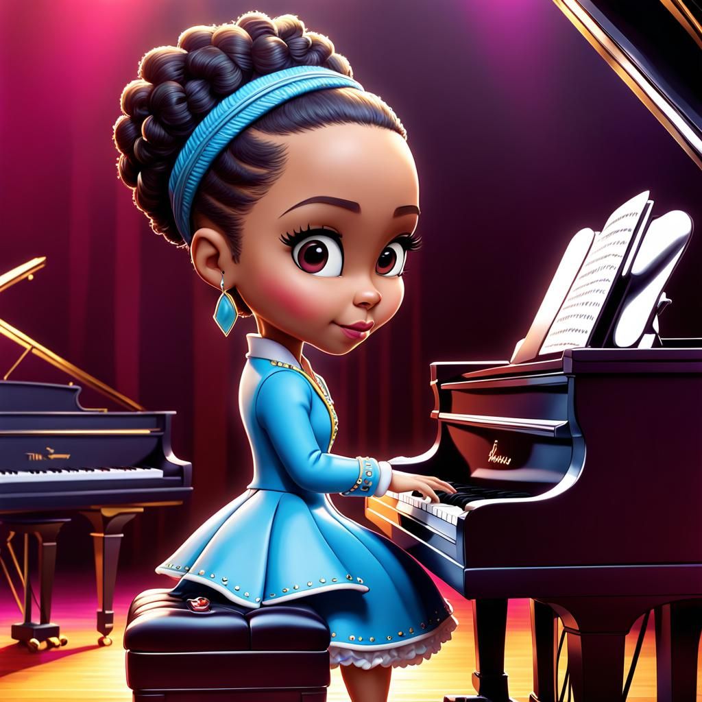 chibi Alicia Keys is playing the piano at her concert,