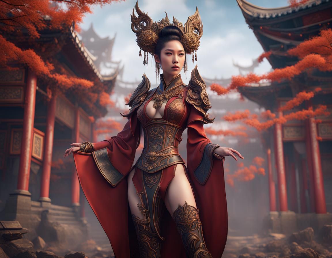 Asian Woman in Boots: Detailed Matte Painting