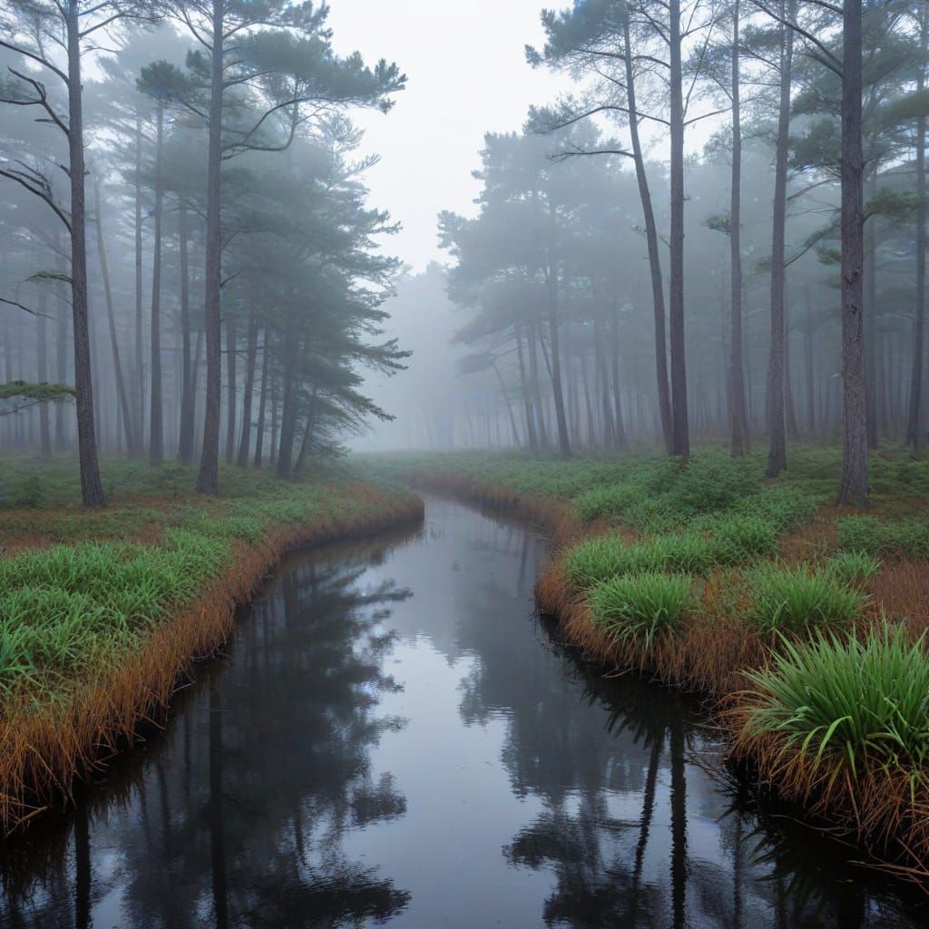 A foggy morning in the New Jersey pine barrens
