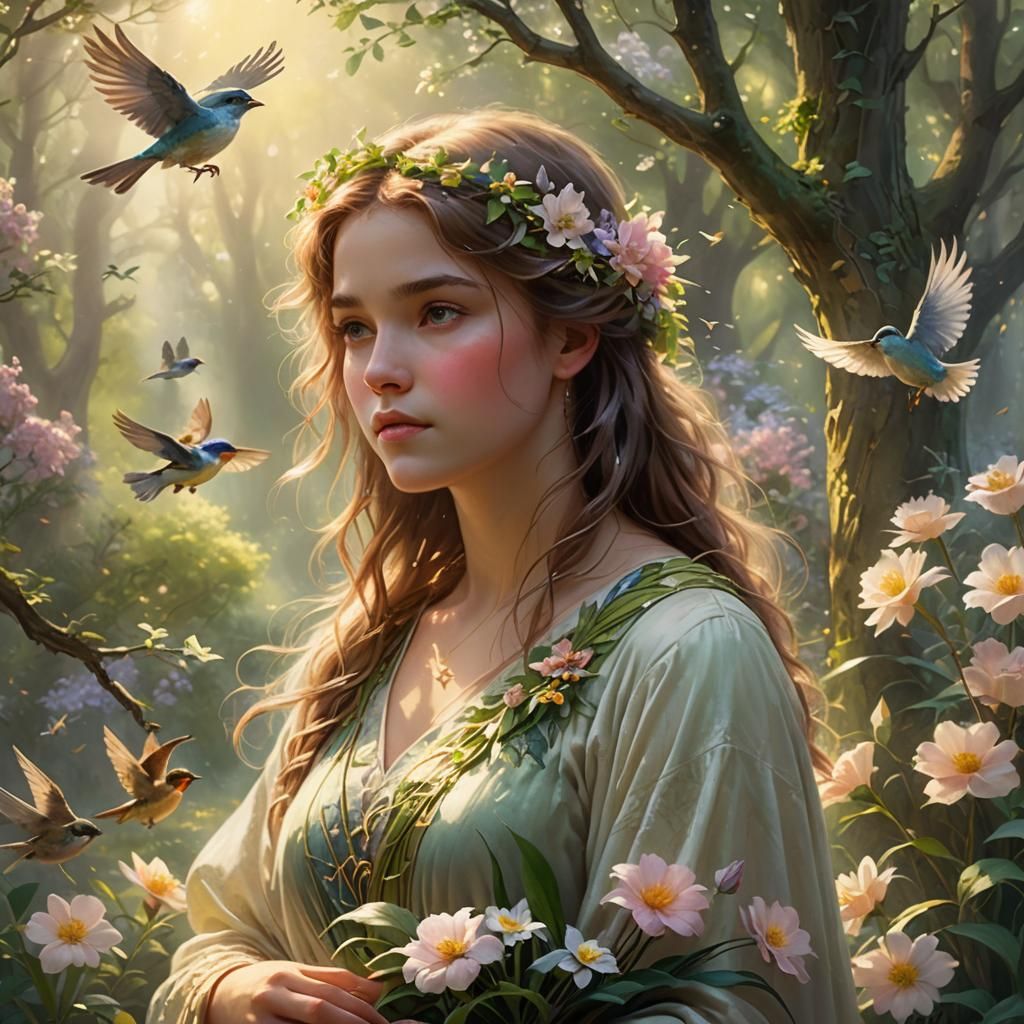 Ethereal Spring Girl in Dreamy Oil Painting