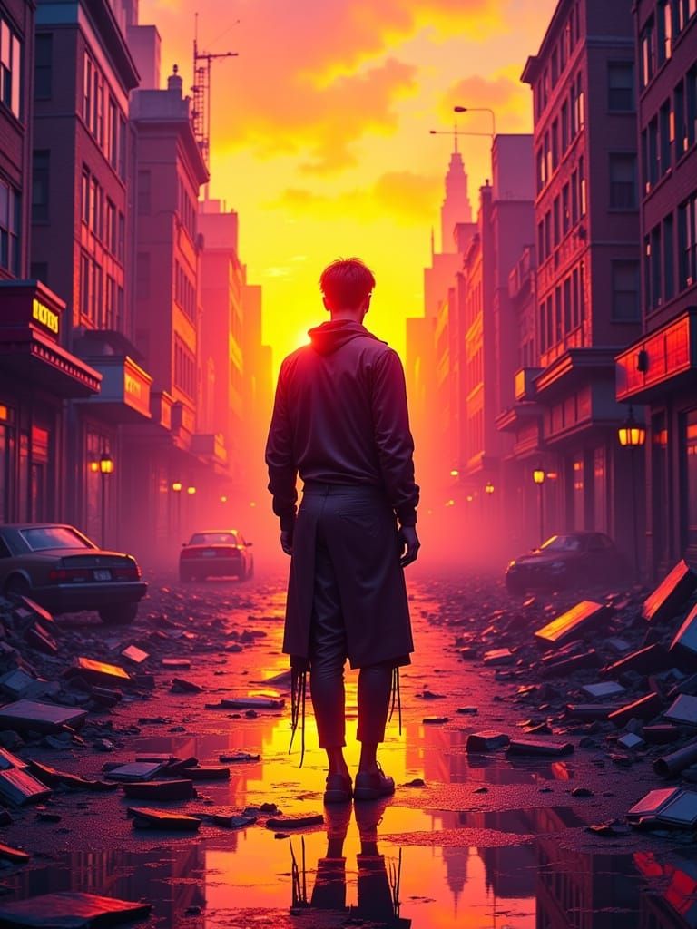 Dystopian Dawn: Solitary Figure in Vibrant Cityscape
