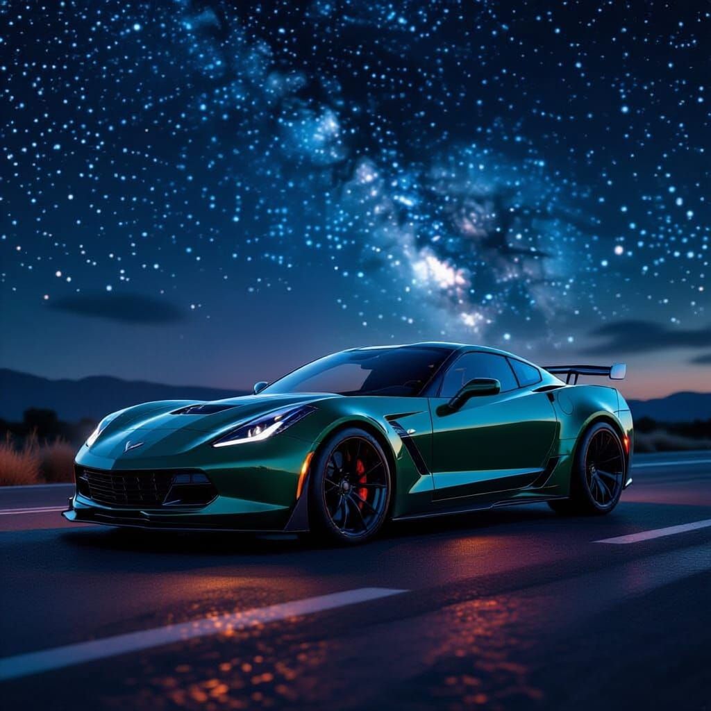 Dark Green Sports Car with Fiery Skull Hotrod Art