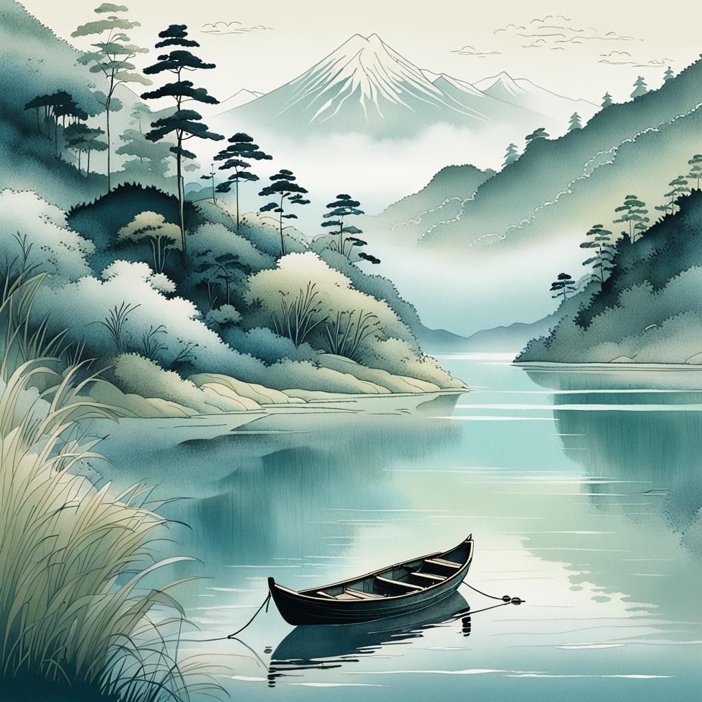 Serene Lakeside Scene in Ukiyo-e Style