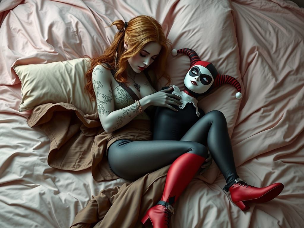 Poison Ivy and Harley Quinn Embrace: Lo-fi Art