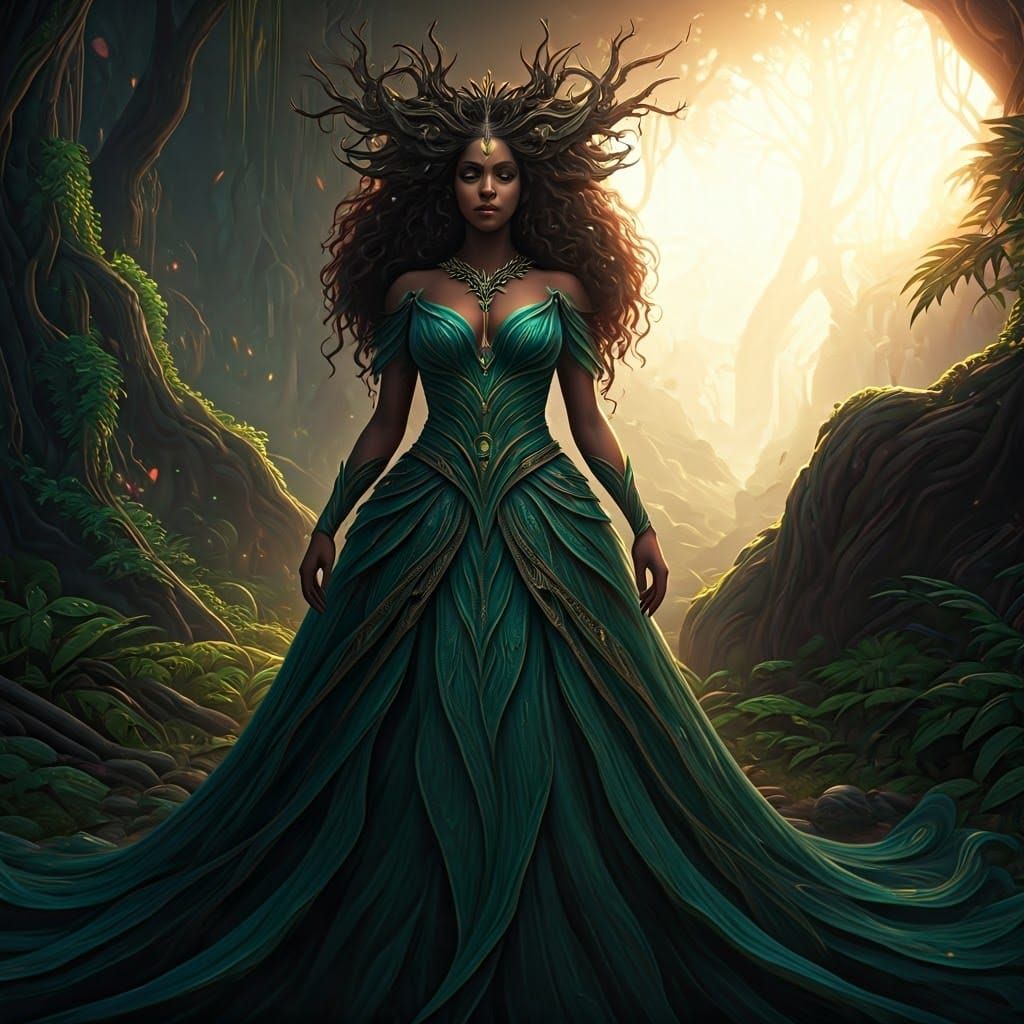Goddess of the Emerald Earth in Vibrant Fantasy Realm